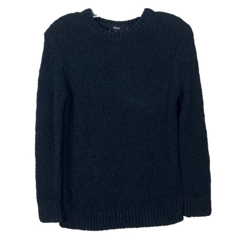 Theory Black Shrunken Fit Crewneck Sweater Feathered Cotton Linen